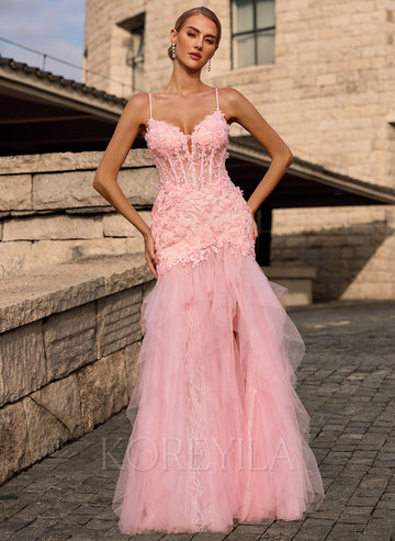 3D Floral V-Neck Corset Tiered Lace Tulle Sheath Maxi Dress With Beading Slit